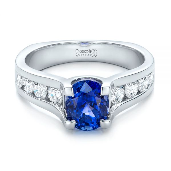  Platinum Custom Blue Sapphire And Channel Set Diamonds Engagement Ring - Flat View -  102102