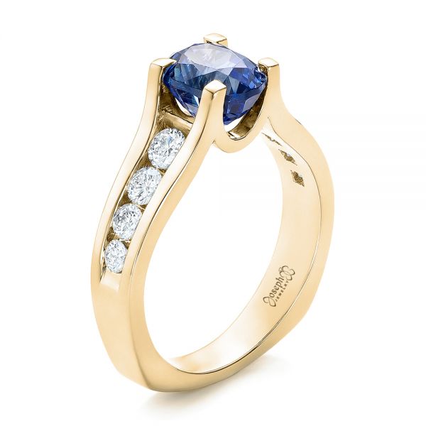 18k Yellow Gold 18k Yellow Gold Custom Blue Sapphire And Channel Set Diamonds Engagement Ring - Three-Quarter View -  102102