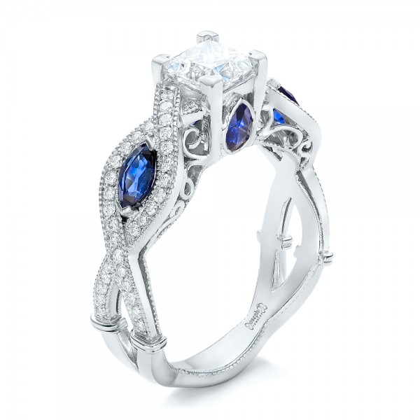  Platinum Platinum Custom Blue Sapphire And Diamond Engagement Ring - Three-Quarter View -  102221