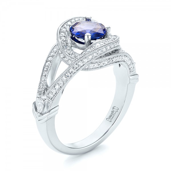 18k White Gold 18k White Gold Custom Blue Sapphire And Diamond Engagement Ring - Three-Quarter View -  103611