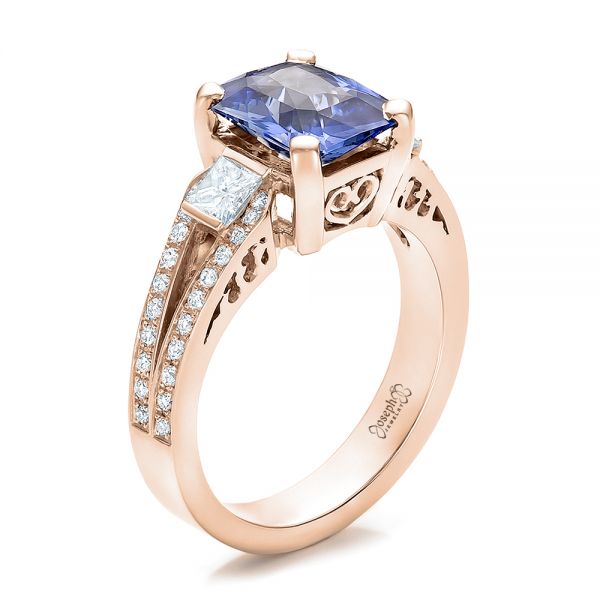 18k Rose Gold 18k Rose Gold Custom Blue Sapphire And Diamond Engagement Ring - Three-Quarter View -  100703