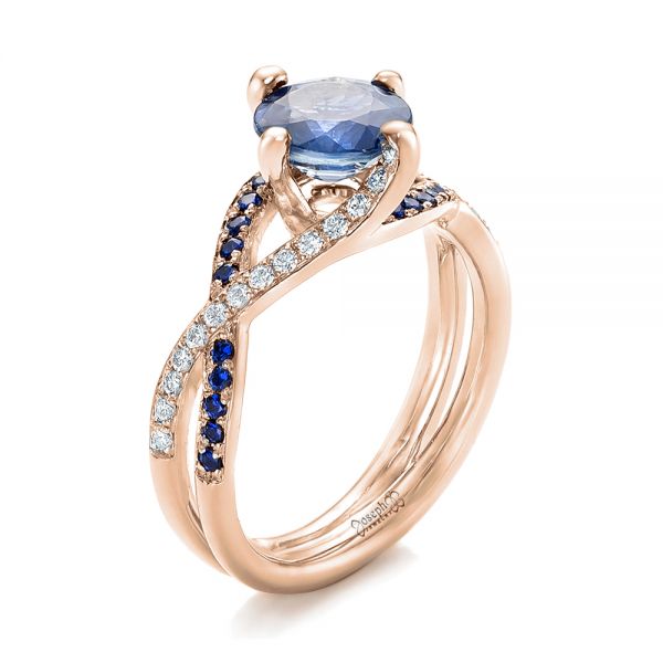 18k Rose Gold 18k Rose Gold Custom Blue Sapphire And Diamond Engagement Ring - Three-Quarter View - 102312