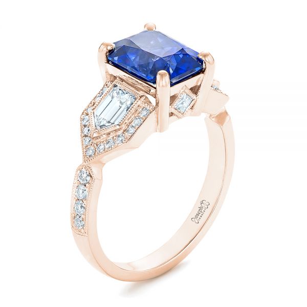 18k Rose Gold 18k Rose Gold Custom Blue Sapphire And Diamond Engagement Ring - Three-Quarter View -  102783