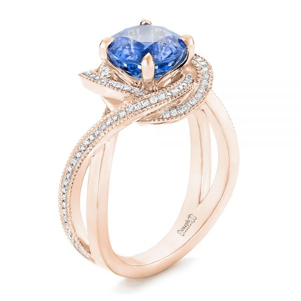 18k Rose Gold 18k Rose Gold Custom Blue Sapphire And Diamond Engagement Ring - Three-Quarter View -  102841