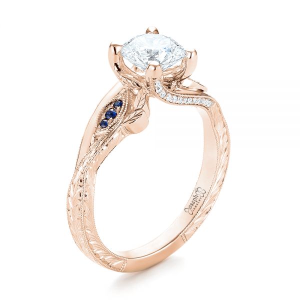 18k Rose Gold 18k Rose Gold Custom Blue Sapphire And Diamond Engagement Ring - Three-Quarter View -  103409