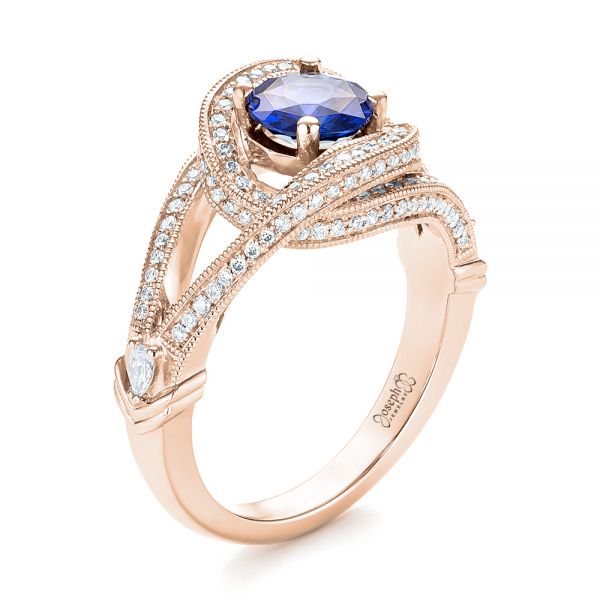 18k Rose Gold 18k Rose Gold Custom Blue Sapphire And Diamond Engagement Ring - Three-Quarter View -  103611