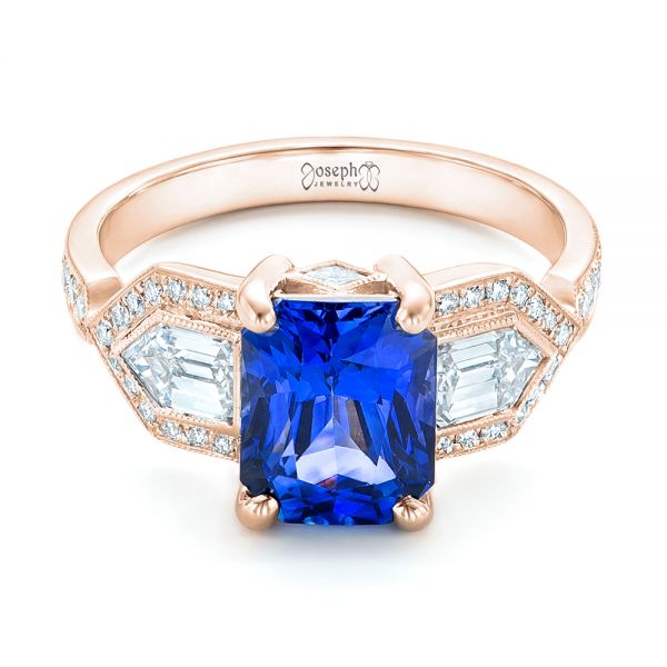 14k Rose Gold 14k Rose Gold Custom Blue Sapphire And Diamond Engagement Ring - Flat View -  102783