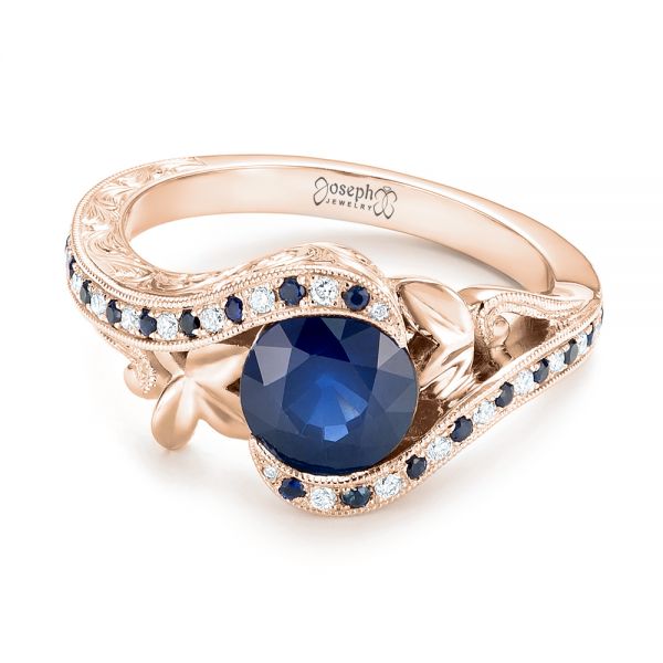 18k Rose Gold 18k Rose Gold Custom Blue Sapphire And Diamond Engagement Ring - Flat View -  103000