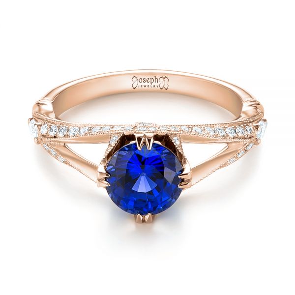 14k Rose Gold 14k Rose Gold Custom Blue Sapphire And Diamond Engagement Ring - Flat View -  103411