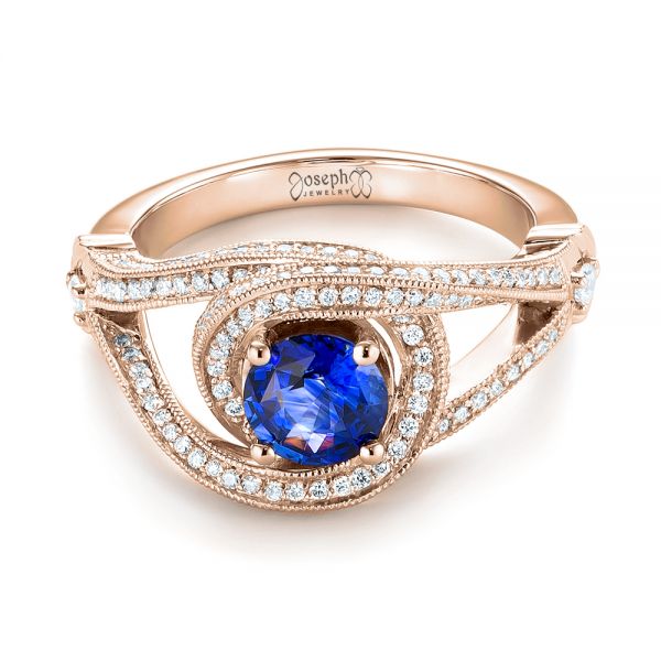 18k Rose Gold 18k Rose Gold Custom Blue Sapphire And Diamond Engagement Ring - Flat View -  103611