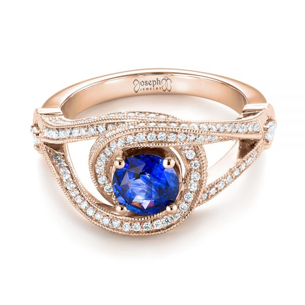 18k Rose Gold 18k Rose Gold Custom Blue Sapphire And Diamond Engagement Ring - Flat View -  103611