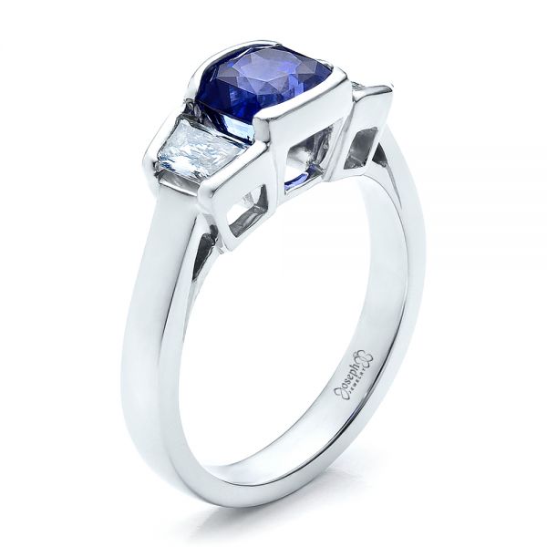  Platinum Custom Blue Sapphire And Diamond Engagement Ring - Three-Quarter View -  100034