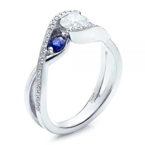  Platinum Custom Blue Sapphire And Diamond Engagement Ring - Three-Quarter View -  100056