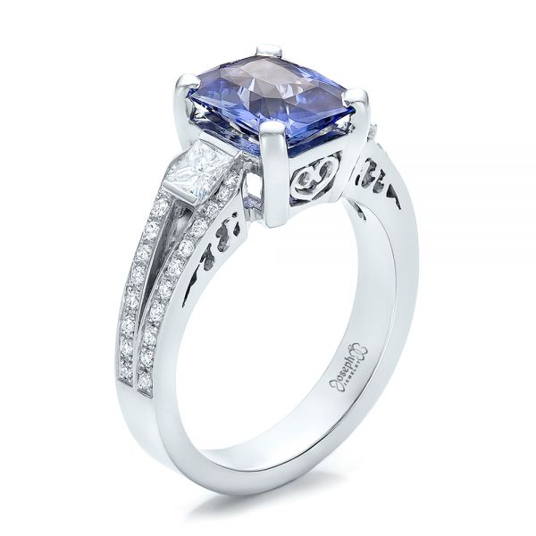  Platinum Custom Blue Sapphire And Diamond Engagement Ring - Three-Quarter View -  100703