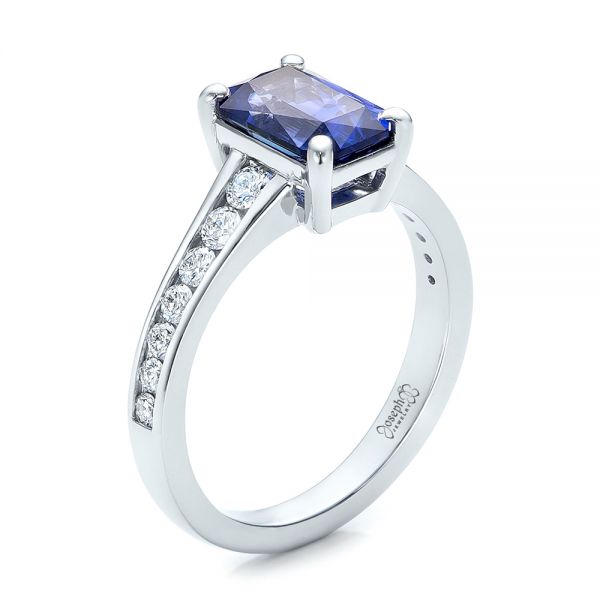  Platinum Custom Blue Sapphire And Diamond Engagement Ring - Three-Quarter View -  100923