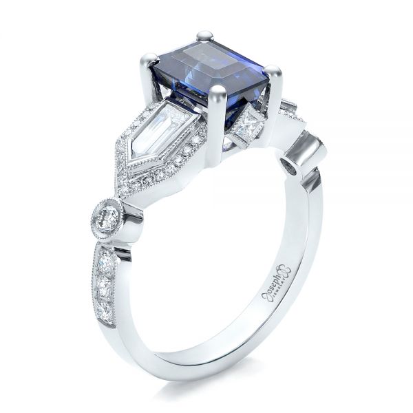  Platinum Custom Blue Sapphire And Diamond Engagement Ring - Three-Quarter View -  101164