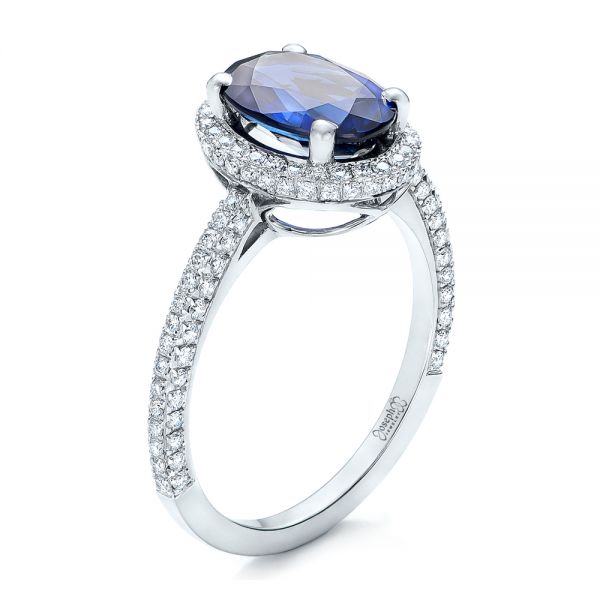 18k White Gold Custom Blue Sapphire And Diamond Engagement Ring - Three-Quarter View - 102049