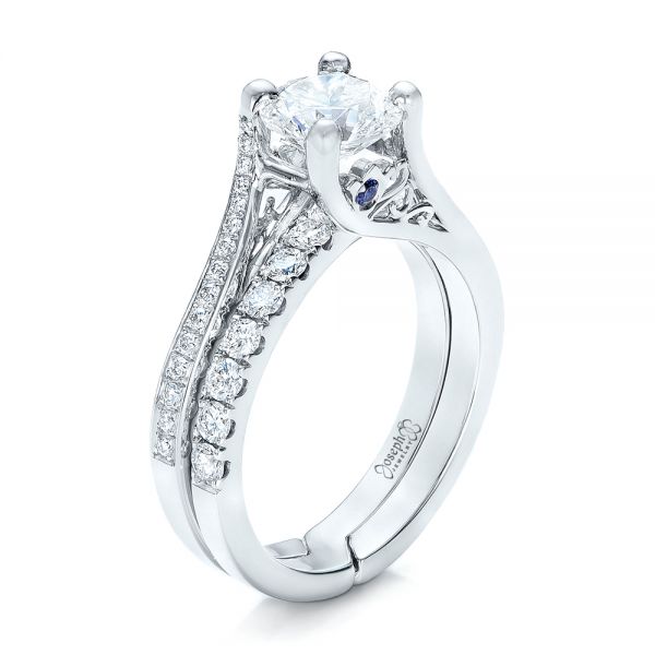 14k White Gold Custom Blue Sapphire And Diamond Engagement Ring - Three-Quarter View -  102070
