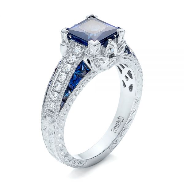 Custom Blue Sapphire And Diamond Engagement Ring - Three-Quarter View -  102163