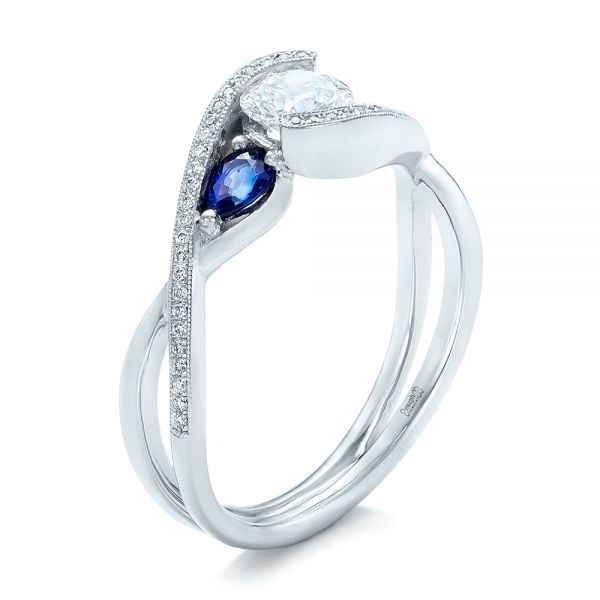 14k White Gold Custom Blue Sapphire And Diamond Engagement Ring - Three-Quarter View -  102251