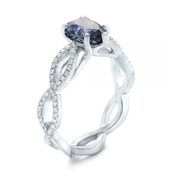 14k White Gold Custom Blue Sapphire And Diamond Engagement Ring - Three-Quarter View -  102309