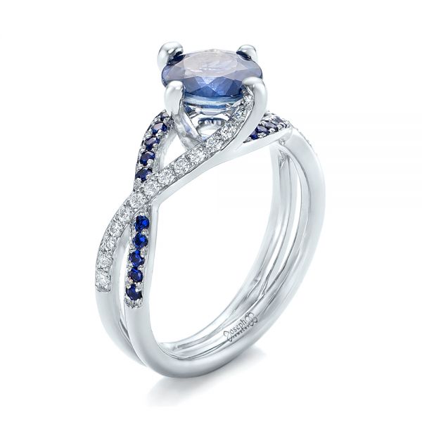  Platinum Platinum Custom Blue Sapphire And Diamond Engagement Ring - Three-Quarter View -  102312