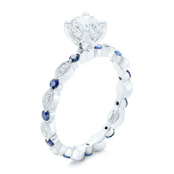 14k White Gold Custom Blue Sapphire And Diamond Engagement Ring - Three-Quarter View -  102520