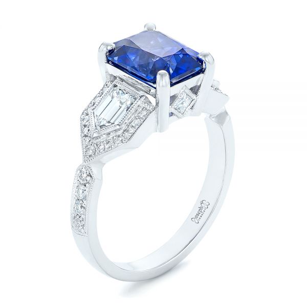 14k White Gold 14k White Gold Custom Blue Sapphire And Diamond Engagement Ring - Three-Quarter View -  102783