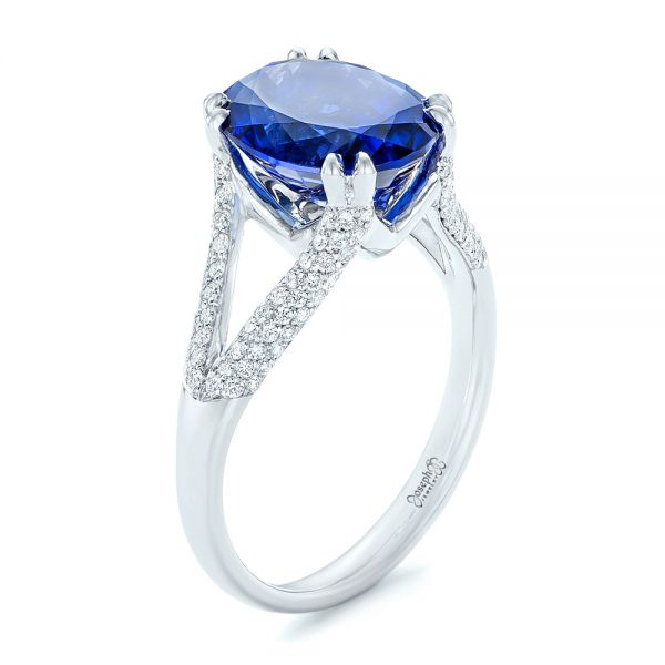 14k White Gold Custom Blue Sapphire And Diamond Engagement Ring - Three-Quarter View -  102790