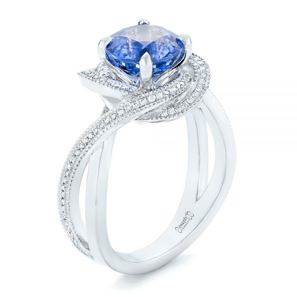  Platinum Custom Blue Sapphire And Diamond Engagement Ring - Three-Quarter View -  102841