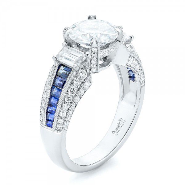  Platinum Platinum Custom Blue Sapphire And Diamond Engagement Ring - Three-Quarter View -  102888