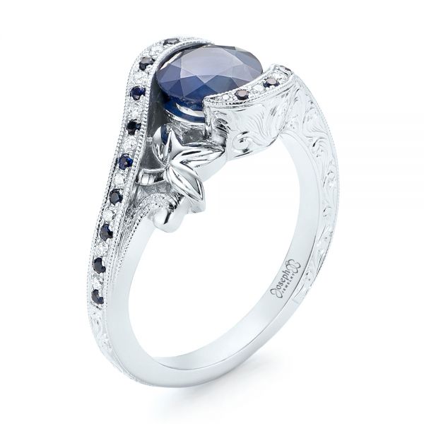 14k White Gold Custom Blue Sapphire And Diamond Engagement Ring - Three-Quarter View -  103000