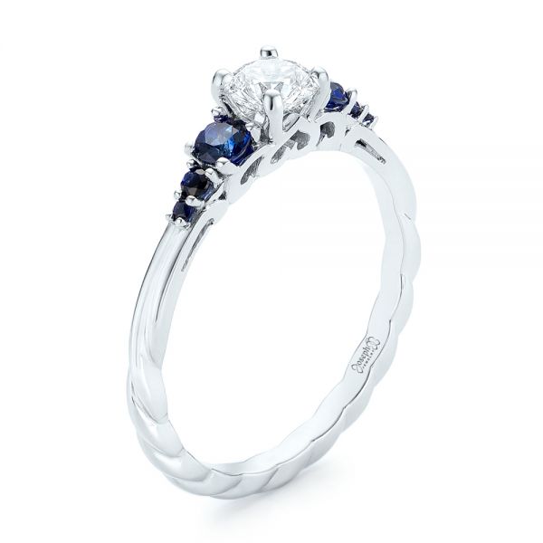 14k White Gold Custom Blue Sapphire And Diamond Engagement Ring - Three-Quarter View -  103015