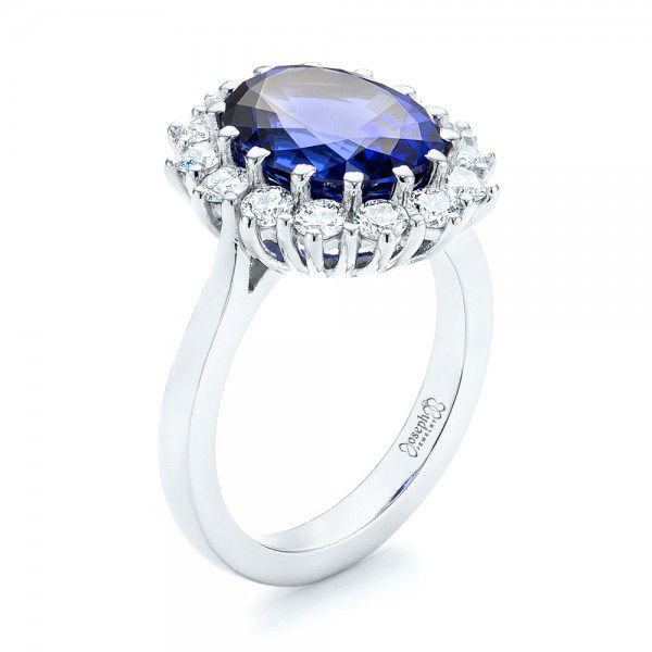  Platinum Custom Blue Sapphire And Diamond Engagement Ring - Three-Quarter View -  103055