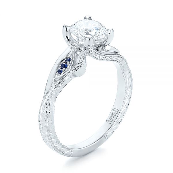  Platinum Custom Blue Sapphire And Diamond Engagement Ring - Three-Quarter View -  103409