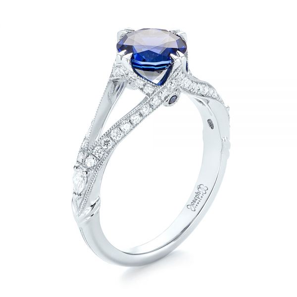  Platinum Custom Blue Sapphire And Diamond Engagement Ring - Three-Quarter View -  103411