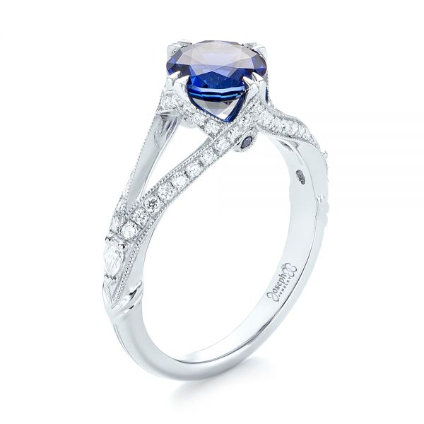 14k White Gold 14k White Gold Custom Blue Sapphire And Diamond Engagement Ring - Three-Quarter View -  103411