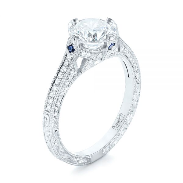 18k White Gold 18k White Gold Custom Blue Sapphire And Diamond Engagement Ring - Three-Quarter View -  103448