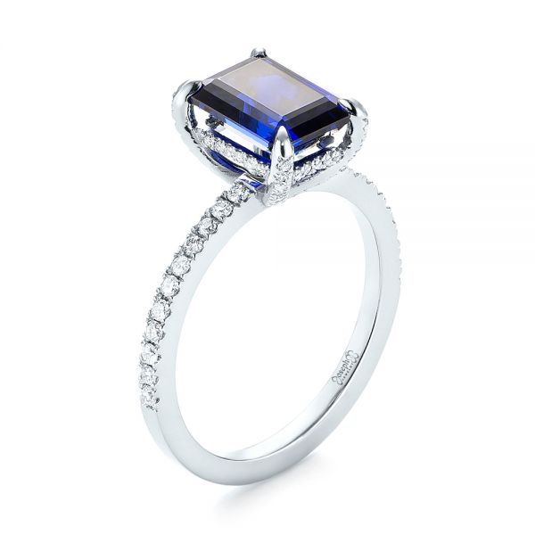 18k White Gold 18k White Gold Custom Blue Sapphire And Diamond Engagement Ring - Three-Quarter View -  103509