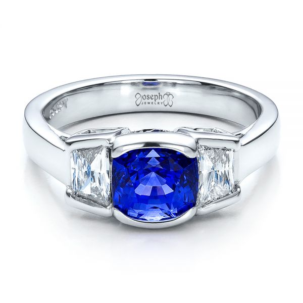  Platinum Custom Blue Sapphire And Diamond Engagement Ring - Flat View -  100034