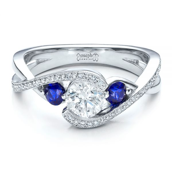 18k White Gold 18k White Gold Custom Blue Sapphire And Diamond Engagement Ring - Flat View -  100056