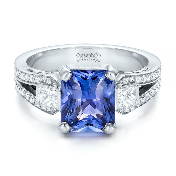  Platinum Custom Blue Sapphire And Diamond Engagement Ring - Flat View -  100703