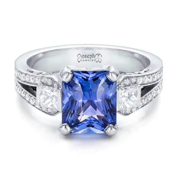 Platinum Custom Blue Sapphire And Diamond Engagement Ring - Flat View - 100703