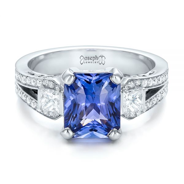 14k White Gold 14k White Gold Custom Blue Sapphire And Diamond Engagement Ring - Flat View -  100703