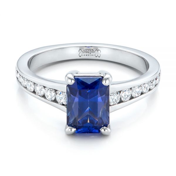  Platinum Custom Blue Sapphire And Diamond Engagement Ring - Flat View -  100923