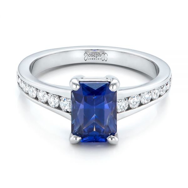 18k White Gold 18k White Gold Custom Blue Sapphire And Diamond Engagement Ring - Flat View -  100923