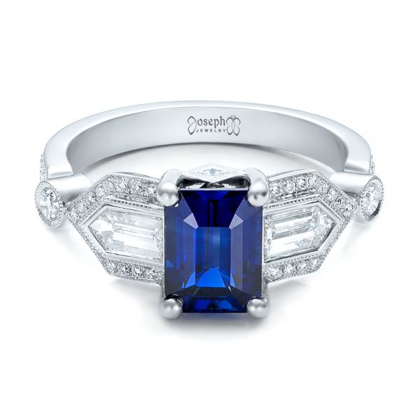 Platinum Custom Blue Sapphire And Diamond Engagement Ring - Flat View - 101164