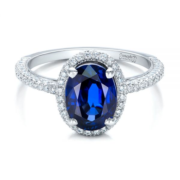 18k White Gold Custom Blue Sapphire And Diamond Engagement Ring - Flat View - 102049