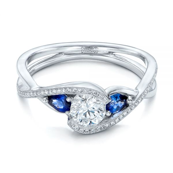 14k White Gold Custom Blue Sapphire And Diamond Engagement Ring - Flat View -  102251