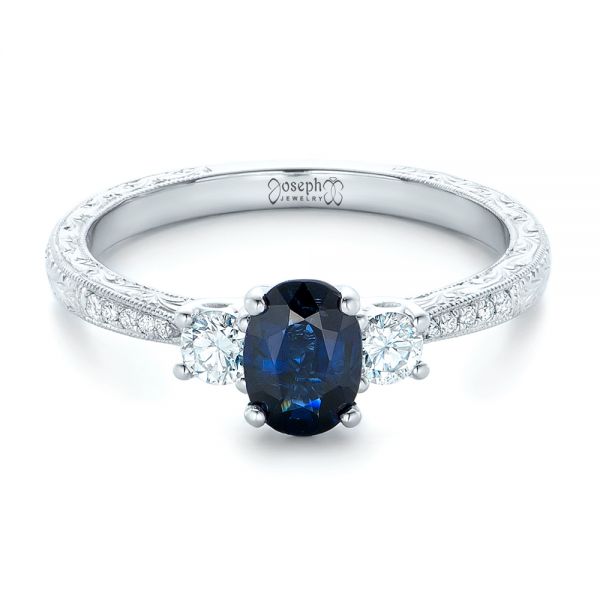 14k White Gold Custom Blue Sapphire And Diamond Engagement Ring - Flat View -  102274